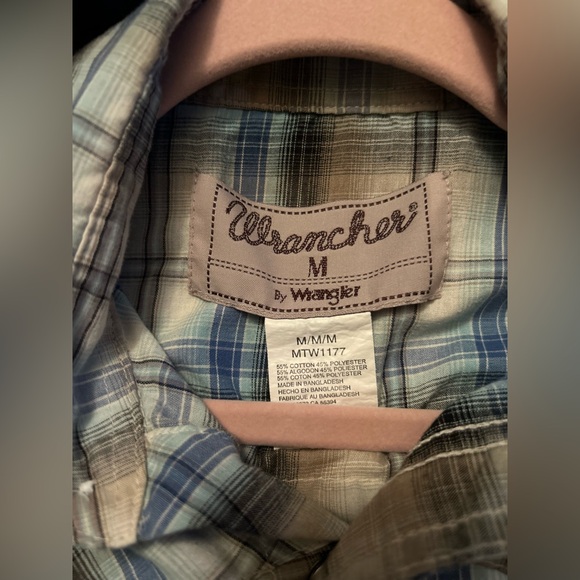 Wrangler Wrancher Men's Beige and Blue Plaid Pearl Snap Button Down Shirt Med. - Picture 4 of 5